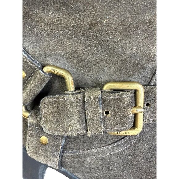 Prada Brown Mid calf Suede Biker Boots with Gold Buckle Logo EU 39 US 9 - Picture 4 of 13